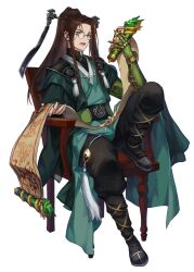 Rule 34 | 1boy, black footwear, brown dust 2, brown hair, chinese clothes, full body, gauntlets, grey eyes, hair ornament, highres, holding, holding scroll, long hair, looking at viewer, official art, olstein (brown dust), open mouth, ponytail, round eyewear, scroll, second-party source, simple background, sitting, solo, teeth, upper teeth only
