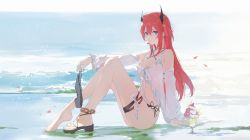 Rule 34 | 1girl, absurdres, anklet, arknights, bare shoulders, barefoot, beach, bikini, black bikini, black footwear, black ribbon, breasts, cleavage, closed mouth, cup, detached sleeves, food, highres, holding, holding shoes, horns, ice cream, jewelry, knees up, large breasts, long hair, long sleeves, looking at viewer, ocean, official alternate costume, on ground, petals, purple eyes, red hair, ribbon, sandals, shoes, side-tie bikini bottom, single shoe, sitting, solo, surtr (arknights), surtr (colorful wonderland) (arknights), swimsuit, swimsuit cover-up, thigh strap, very long hair, water, zzz zhi he