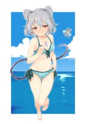 Rule 34 | 1girl, akagashi hagane, animal ears, bad id, bad pixiv id, bare arms, bare legs, bare shoulders, barefoot, bikini, blue sky, blush, border, bow, breasts, cloud, day, full body, gradient background, grey hair, hair between eyes, jewelry, looking at viewer, mouse (animal), mouse ears, mouse tail, navel, nazrin, necklace, ocean, outside border, panties, polka dot, polka dot bikini, polka dot swimsuit, red eyes, short hair, sky, smile, solo, sunglasses, sweat, swimsuit, tail, touhou, underwear, water, wavy mouth