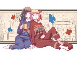 2girls anjuro_zeeku black_hair blonde_hair blue_pants blue_sweater blush chair closed_mouth coffee_mug commentary cuddling cup drooling english_commentary fireplace gun hair_ribbon handgun holding holding_cup indoors inoue_takina long_hair long_sleeves lycoris_recoil medium_hair mug multiple_girls nishikigi_chisato pants purple_eyes red_footwear red_pants red_ribbon red_sweater ribbon sitting slippers sweater weapon yuri