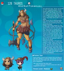 Rule 34 | 1boy, 1girl, abs, armor, artist name, axe, battle axe, belt, belt bra, bikini armor, blue background, blush, breasts, brown hair, character name, character profile, commentary, cow girl, cow tail, creatures (company), english commentary, english text, facial mark, facial scar, forehead mark, game freak, gen 1 pokemon, hat feather, highres, holding, holding axe, hooves, horns, kinkymation, large breasts, leather armor, leather skirt, long hair, midriff, monster girl, multiple tails, muscular, muscular female, nintendo, personification, pointy ears, poke ball, poke ball (basic), pokemon, purple hair, revealing clothes, scar, scar on abs, scar on arm, scar on back, scar on cheek, scar on chin, scar on face, scar on stomach, strap, tail, tan, tauros, underboob, vambraces, weapon