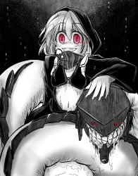 Rule 34 | 10s, 1boy, 1girl, abyssal ship, girl on top, hood, kantai collection, looking at viewer, midriff, mumumu, re-class battleship, red eyes, saliva, sharp teeth, solo focus, tail, teeth