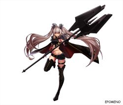 Rule 34 | 1girl, artist name, bad id, bad pixiv id, belt, black footwear, black thighhighs, boots, cape, cross-laced footwear, epomeno, fingerless gloves, full body, gloves, grey hair, knight, lace-up boots, long hair, midriff, navel, original, red eyes, solo, standing, standing on one leg, thigh boots, thighhighs, twintails, very long hair, weapon, white background