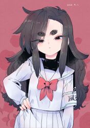 Rule 34 | 1girl, armband, black eyes, bow, dated, flower, hand on own hip, highres, houkago himitsu club, kurobara angelica, long hair, looking at viewer, messy hair, mizukiebiebi, red background, red bow, red flower, red rose, rose, safety pin, school uniform, serafuku, shirt, skirt, solo, thick eyebrows, white serafuku, white shirt, white skirt
