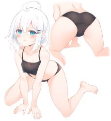 Rule 34 | 1girl, ahoge, all fours, ass, barefoot, bikini, black bikini, blue eyes, blush, collarbone, commentary request, from behind, full body, hair between eyes, hair ornament, hairclip, highres, looking at viewer, multiple views, original, otokuyou, paid reward available, parted lips, ringo-chan (otokuyou), short hair, simple background, swimsuit, thighs, white background, white hair