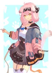 Rule 34 | 1girl, absurdres, animal ears, aoi tooru, arknights, black hairband, black skirt, blue background, blue bow, bow, braid, breasts, cat ears, cat girl, cat tail, closed mouth, comb, commentary request, garter straps, goldenglow (arknights), grey jacket, hair between eyes, hair bow, hair over shoulder, hairband, highres, holding, jacket, lightning background, lightning bolt print, long hair, open clothes, open jacket, orange eyes, print hairband, scissors, shirt, single braid, skirt, small breasts, solo, tail, thighhighs, two-tone background, white background, white shirt, white thighhighs