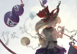 Rule 34 | 1girl, arm up, armpit peek, artist name, belt, blonde hair, blue skirt, chain, character name, commentary, cowboy shot, cube, cuffs, dated, english commentary, floating hair, from behind, gradient background, grey background, hair ribbon, highres, horn ornament, horn ribbon, horns, ibuki suika, light smile, long hair, looking at viewer, looking back, low-tied long hair, orb, pyramid (geometry), red neckwear, ribbon, riki6, rope, shackles, shirt, skirt, sleeveless, sleeveless shirt, solo, standing, touhou, very long hair, wrist cuffs, yellow eyes