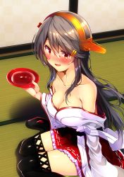 Rule 34 | 1girl, :d, alcohol, bare shoulders, black hair, blush, boots, breasts, brown eyes, cleavage, collarbone, cup, detached sleeves, drunk, female focus, hair between eyes, hair ornament, hairband, hairclip, hand up, haruna (kancolle), headgear, highres, holding, holding cup, indoors, japanese clothes, kantai collection, kimono, large breasts, long hair, looking at viewer, neck, nontraditional miko, off shoulder, open mouth, petticoat, red skirt, sakazuki, sake, shadow, sitting, skirt, smile, solo, tatami, thigh boots, thighhighs, tsukui kachou, wariza, white kimono