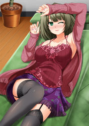 Rule 34 | 10s, 1girl, arm up, black thighhighs, blush, breasts, brown hair, collarbone, couch, female focus, floral print, foreshortening, garter straps, green eyes, green upholstery, halterneck, idolmaster, idolmaster cinderella girls, lace, lace-trimmed legwear, lace trim, large breasts, leg up, legs, looking at viewer, lying, militia minpei, mole, mole under eye, nose blush, on back, on couch, one eye closed, parted lips, plant, potted plant, shirt, short hair, skirt, sleeves past wrists, smile, solo, takagaki kaede, thighhighs, thighs, wooden floor