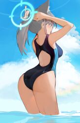 Rule 34 | 1girl, absurdres, animal ears, arched back, arms up, ass, back cutout, bare arms, bare shoulders, blue archive, blue eyes, blue halo, blue one-piece swimsuit, blue sky, breasts, clothing cutout, cloud, cloudy sky, day, from side, grey hair, halo, hand in own hair, hell.k, highres, long hair, looking at viewer, looking to the side, medium breasts, one-piece swimsuit, outdoors, ponytail, shiroko (blue archive), sky, solo, standing, swimsuit, tying hair, wading, water, wet