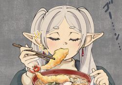 Rule 34 | 1girl, a-king, chopsticks, closed eyes, commentary request, earrings, eating, food, food in mouth, frieren, grey background, grey hair, holding, holding chopsticks, jewelry, kamaboko, long hair, narutomaki, noodles, pointy ears, ramen, shrimp, shrimp tempura, simple background, solo, sound effects, sousou no frieren, tempura, thick eyebrows, translation request, twintails