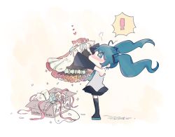 Rule 34 | !, 1girl, puff of air, aqua eyes, aqua hair, aqua necktie, bare shoulders, black skirt, black sleeves, black thighhighs, blush, box, chibi, commentary, detached sleeves, dress, dress flower, flower, from side, full body, grey shirt, hair ornament, hatsune miku, heart, highres, holding, holding clothes, holding dress, long hair, magical mirai (vocaloid), magical mirai miku, magical mirai miku (2021), miniskirt, namikaze bon, necktie, packing peanuts, pleated skirt, ribbon, shirt, skirt, sleeveless, sleeveless shirt, solo, sparkling eyes, spoken exclamation mark, thighhighs, twintails, unworn dress, very long hair, vocaloid, white dress, white flower, zettai ryouiki