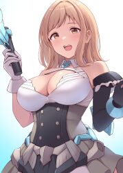 Rule 34 | 1girl, 30 minutes sisters, absurdres, asymmetrical gloves, bare shoulders, black gloves, blue background, blush, breasts, brown eyes, cleavage cutout, closed mouth, clothing cutout, corset, cowboy shot, elbow gloves, gloves, gradient background, highres, holding, idolmaster, idolmaster shiny colors, large breasts, looking at viewer, mismatched gloves, open mouth, sakuragi mano, solo, teeth, underbust, upper teeth only, warubo, white background, white gloves