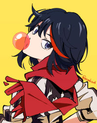 Rule 34 | 1girl, black hair, blowing bubbles, chewing gum, hand on own hip, jacket, kill la kill, looking at viewer, looking back, matoi ryuuko, multicolored hair, nirak, purple eyes, red scarf, scarf, short hair, simple background, solo, streaked hair, watermark, yellow background