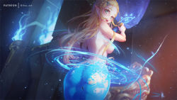 Rule 34 | 1girl, aqua eyes, artist name, ass, back, blonde hair, blush, braid, breasts, commentary, english commentary, from behind, hair ornament, hairclip, long hair, looking at viewer, looking back, medium breasts, mitsu (mitsu art), nintendo, open mouth, paid reward available, pointy ears, princess zelda, sideboob, solo, standing, the legend of zelda, the legend of zelda: breath of the wild, thigh gap, topless, very long hair