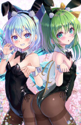 Rule 34 | 2girls, :o, alternate costume, animal ears, arms up, ass, back-to-back, bare shoulders, black bow, black bowtie, black leotard, blue bow, blue eyes, blue hair, blush, bow, bowtie, breasts, brown pantyhose, cirno, claw pose, commentary, cowboy shot, daiyousei, detached collar, dot nose, fairy, fairy wings, fake animal ears, floral background, green eyes, green hair, grin, hair between eyes, hair bow, hands up, highleg, highleg leotard, highres, ice, ice wings, leotard, looking at viewer, medium hair, multiple girls, open mouth, pantyhose, playboy bunny, rabbit ears, rouge (my rouge), short hair, side ponytail, small breasts, smile, strapless, strapless leotard, thighband pantyhose, touhou, twitter username, v-shaped eyebrows, white wrist cuffs, wings, wrist cuffs, yellow bow