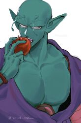 Rule 34 | 1boy, absurdres, antennae, bald, bara, biting, black nails, collarbone, colored skin, dougi, dragon ball, dragonball z, fangs, food, fruit, green skin, highres, holding, holding food, holding fruit, looking to the side, male focus, muscular, muscular male, no eyebrows, open mouth, pectorals, piccolo, pointy ears, purple eyes, twitter username, vamos mk, white background, wristband