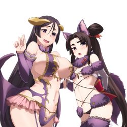 Rule 34 | animal ears, bad id, bad pixiv id, black hair, blue eyes, blush, breasts, cleavage, cosplay, detached sleeves, elbow gloves, fang, fate/grand order, fate (series), gloves, halloween princess, heart, heart-shaped pupils, highres, horns, irisviel von einzbern (halloween princess), large breasts, long hair, looking at viewer, mash kyrielight, mash kyrielight (dangerous beast), mash kyrielight (dangerous beast) (cosplay), minamoto no raikou (fate), navel, official alternate costume, open mouth, purple eyes, purple legwear, shimomoto, side ponytail, simple background, sweatdrop, symbol-shaped pupils, tail, thighhighs, ushiwakamaru (fate), very long hair, white background, wings, wolf ears, wolf tail