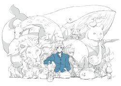 Rule 34 | 10s, 1boy, 1girl, animal, animal on head, bad id, bad pixiv id, bird, bird on head, cat, closed eyes, furoshiki, giraffe, houhou (black lack), komasan, leaning on person, lion, mikleo (tales), monochrome, normin (tales), on head, rabbit, seal (animal), side-by-side, sitting, sleeping, sleeping on person, sorey (tales), spot color, tales of (series), tales of zestiria, whale, white background, youkai watch