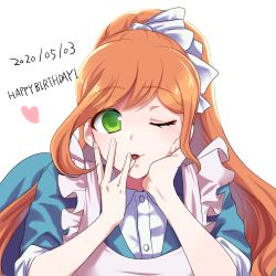 Rule 34 | 1girl, absurdres, apron, blouse, blue dress, brown hair, collared shirt, commentary request, danganronpa (series), danganronpa 3 (anime), dated, dress, dress shirt, finger to mouth, foreshortening, green eyes, hand on own cheek, hand on own face, happy birthday, heart, highres, long hair, looking at viewer, maid, one eye closed, open mouth, ponytail, shirt, short sleeves, simple background, sketti, smile, solo, upper body, white apron, white background, white shirt, yukizome chisa