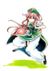 Rule 34 | 1girl, bow, braid, breasts, chinese clothes, colored pencil (medium), eyelashes, fighting stance, goku (acoloredpencil), gokuu (acoloredpencil), green eyes, hair bow, hat, highres, hong meiling, long hair, looking at viewer, pants, red hair, shadow, simple background, solo, star (symbol), touhou, traditional media, twin braids, very long hair, white background