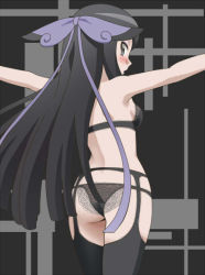 Rule 34 | 10s, 1girl, arms up, ass, awa, black bra, black eyes, black hair, black panties, black thighhighs, blush, bra, breasts, creatures (company), female focus, from behind, game freak, garter belt, garter straps, grey background, gym leader, hair ornament, hair ribbon, jpeg artifacts, lace, lace panties, lingerie, long hair, looking at viewer, looking back, matching hair/eyes, nintendo, outstretched arms, panties, pokemon, pokemon xy, purple ribbon, ribbon, simple background, small breasts, solo, standing, thighhighs, two-tone background, underwear, underwear only, valerie (pokemon)