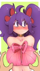 Rule 34 | 1girl, @ @, arms behind back, bare shoulders, big hair, blush, border, bow, breasts, choker, cleavage, closed mouth, collarbone, creatures (company), eyes visible through hair, game freak, green background, hair between eyes, hair bow, hex maniac (pokemon), highres, large breasts, looking to the side, matching hair/eyes, naked ribbon, nintendo, pokemon, pokemon xy, pov, purple eyes, purple hair, ribbon, ruw ruler, simple background, smile, twintails, upper body, wavy mouth, white border