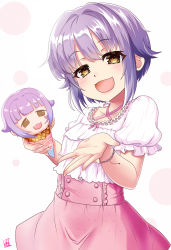 Rule 34 | 1girl, :d, blush, brown eyes, commentary request, food, hair between eyes, hair flaps, head tilt, highres, holding, holding food, ice cream, ice cream cone, idolmaster, idolmaster cinderella girls, koshimizu sachiko, looking at viewer, momoda yasuhito, open mouth, pink skirt, puffy short sleeves, puffy sleeves, purple hair, shirt, short hair, short sleeves, sidelocks, simple background, skirt, smile, solo, white background, white shirt