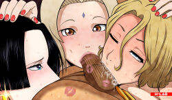 Rule 34 | 1boy, 3girls, absurdres, anilingus, black hair, bleach, bleach: sennen kessen-hen, blonde hair, blue eyes, blush, boa hancock, breasts, brown eyes, brown hair, earrings, female rimming male, h-lab, hands on another&#039;s head, highres, huge breasts, jewelry, lipstick mark, long hair, looking at viewer, matsumoto rangiku, multiple girls, naruto, naruto (series), naruto shippuuden, nipples, one eye closed, one piece, open mouth, oral, piercing, ponytail, rolling eyes, saliva, testicle sucking, testicles, tsunade (naruto)