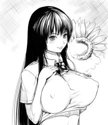 Rule 34 | black hair, breasts, covered erect nipples, flower, kurofudo, kyoko ramon, large breasts, monochrome, shirt, sketch, smile, taut clothes, taut shirt