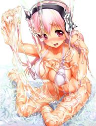 Rule 34 | 1girl, 2t (tanakatakuto), barefoot, bikini, blush, breasts, cleavage, covered erect nipples, headphones, highres, large breasts, long hair, looking at viewer, lotion, navel, nitroplus, open mouth, pink eyes, pink hair, simple background, slime (substance), solo, super sonico, swimsuit, white bikini