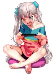 Rule 34 | 1girl, absurdres, as109, barefoot, bike shorts, blush, fang, feet, female focus, full body, hair ornament, highres, kagura gumi, kagura mea, long hair, multicolored eyes, nintendo switch, open mouth, shirt, simple background, sitting, soles, solo, t-shirt, teeth, toes, twintails, upper teeth only, virtual youtuber, white hair