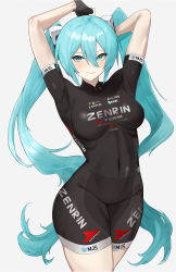 Rule 34 | 1girl, absurdres, alternate costume, aqua eyes, aqua hair, arm behind head, arms up, banned artist, black bodysuit, black gloves, bodysuit, breasts, closed mouth, clothes writing, commentary, covered navel, cowboy shot, fingerless gloves, gloves, goodsmile racing, hair between eyes, hair ornament, hatsune miku, highres, kataku musou, long hair, racing miku, racing miku (2022), simple background, solo, taut clothes, twintails, very long hair, vocaloid, white background