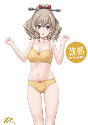 Rule 34 | 1girl, blue eyes, bra, breasts, character name, commentary request, cowboy shot, drill hair, hair between eyes, hair ribbon, hatakaze (kancolle), highres, kantai collection, light brown hair, looking at viewer, medium breasts, panties, ponytail, red ribbon, ribbon, simple background, solo, t2r, underwear, underwear only, white background, yellow bra, yellow panties