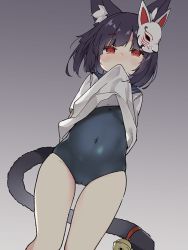 Rule 34 | 1girl, animal ear fluff, animal ears, azur lane, bad id, bad pixiv id, bare legs, bell, black background, black hair, blue one-piece swimsuit, blush, cat bell, cat ears, cat girl, cat tail, clothes in mouth, clothes lift, covered navel, female focus, gradient background, grey background, lifting own clothes, looking at viewer, mask, mouth hold, one-piece swimsuit, red eyes, school uniform, serafuku, shirt, shirt in mouth, shirt lift, solo, standing, swimsuit, tail, tsuka, yamashiro (azur lane), yamashiro (summer offensive?) (azur lane)