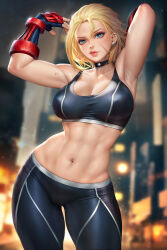 Rule 34 | 1girl, abs, armpits, arms up, black gloves, black pants, black sports bra, blonde hair, blurry, blurry background, breasts, cammy white, cleavage, collarbone, contrapposto, covered erect nipples, ear piercing, earrings, eyelashes, facial scar, fingerless gloves, gloves, highres, jewelry, large breasts, muscular, muscular female, navel, navel piercing, neoartcore, pants, patreon username, pendant choker, piercing, scar, scar on cheek, scar on face, short hair, solo, sports bra, standing, stomach, street fighter, street fighter 6, stud earrings, taut clothes, thick thighs, thigh gap, thighs, tight clothes, tight pants, vambraces, watermark, yoga pants