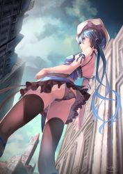 Rule 34 | 1girl, ankle lace-up, arm ribbon, arms at sides, artist name, ass, bad id, bad pixiv id, belt, beret, black panties, blue dress, blue eyes, blue hair, blue ribbon, blue sky, bow, breasts, brown thighhighs, building, closed mouth, cloud, cloudy sky, cross-laced footwear, day, dress, floating hair, frilled dress, frills, from behind, from below, hair between eyes, hat, hat bow, highres, lace, lace-trimmed panties, lace-trimmed skirt, lace trim, lee-chan (saraki), lee (saraki), lips, long hair, looking at viewer, looking back, nose, original, outdoors, panties, pantyshot, pink lips, profile, purple bow, ribbon, saraki, short dress, shoulder blades, signature, skirt, sky, small breasts, solo, spaghetti strap, standing, thighhighs, underwear, upskirt, very long hair, white hat