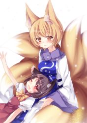 Rule 34 | 2015, 2girls, ;d, animal ears, bad id, bad pixiv id, blonde hair, blush, bow, brown hair, cat ears, chen, colored eyelashes, dated, dress, fang, fox ears, fox tail, lap pillow, long sleeves, lying on lap, mikazuki sara, multiple girls, multiple tails, no headwear, no headwear, one eye closed, open mouth, outstretched arm, puffy short sleeves, puffy sleeves, red dress, red eyes, short sleeves, smile, tabard, tail, touhou, white dress, wide sleeves, yakumo ran, yellow eyes