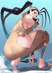 Rule 34 | 1girl, absurdres, antenna hair, ass, bandaged foot, bandages, bandana, bare shoulders, black hair, blue background, blush, breasts, brown eyes, capcom, face mask, from behind, from below, gradient background, highres, hip vent, ibuki (street fighter), kagematsuri, kunai, long hair, mask, ninja, pants, ponytail, shiny clothes, sideboob, solo, squatting, street fighter, very long hair, weapon