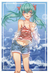 Rule 34 | 1girl, :d, ahoge, aqua hair, black panties, blue eyes, blue shorts, border, bow, breasts, bubble, cleavage, collarbone, floating hair, hair between eyes, hair bow, hair intakes, hatsune miku, highres, holding, long hair, long sleeves, looking at viewer, off shoulder, open clothes, open mouth, open shorts, outside border, panties, red bow, red shirt, see-through, shirt, short shorts, shorts, sleeveless, sleeveless shirt, small breasts, smile, solo, spaghetti strap, striped clothes, striped shirt, underwear, vocaloid, white border, xiaozi