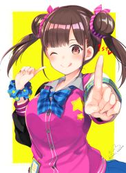 Rule 34 | 1girl, ;q, azuma yuki, blue bow, blue scrunchie, blue skirt, blush, bow, brown eyes, brown hair, closed mouth, collared shirt, commentary request, double bun, fingernails, grey shirt, hair bun, heart, idolmaster, idolmaster shiny colors, index finger raised, jacket, long hair, long sleeves, one eye closed, outstretched arm, pink jacket, plaid, plaid bow, pleated skirt, print scrunchie, scrunchie, shirt, side bun, signature, skirt, smile, solo, sonoda chiyoko, star (symbol), star print, tongue, tongue out, twintails, twitter username, two-tone background, white background, wrist scrunchie, yellow background