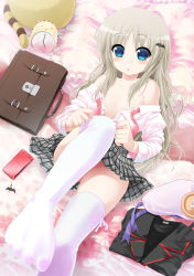 Rule 34 | 1girl, :o, absurdres, adjusting clothes, adjusting legwear, bare shoulders, blonde hair, blue eyes, cellphone, dressing, feet, flat chest, foot focus, foreshortening, hat, highres, little busters!, no shoes, noumi kudryavka, open clothes, open shirt, outstretched leg, phone, porurin (do-desho), school uniform, shirt, sock pull, solo, thighhighs, thighhighs pull, toes