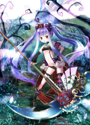 Rule 34 | 1girl, bandeau, black footwear, boots, crown, detached sleeves, flat chest, forest, gem, highres, knee boots, long hair, midriff, nature, navel, original, outdoors, purple hair, red eyes, ribbon, scythe, showgirl skirt, single thighhigh, solo, striped clothes, striped thighhighs, suspenders, thigh strap, thighhighs, tree, twintails, very long hair, weapon