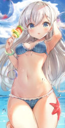 Rule 34 | 1girl, air bubble, bare arms, bikini, blue bikini, blue eyes, blue sky, blush, breasts, bubble, chinese commentary, cloud, cowboy shot, day, food, highres, hisakawa hayate, idolmaster, idolmaster cinderella girls, idolmaster cinderella girls starlight stage, long hair, looking at viewer, navel, ocean, outdoors, parted lips, plaid, plaid bikini, revision, silver hair, skewer, sky, small breasts, solo, starfish, stomach, summer, swimsuit, tou tou, wet
