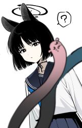 Rule 34 | 1girl, ?, absurdres, animal ear fluff, animal ears, black eyes, black hair, black halo, black ribbon, blanchat, blue archive, blue neckerchief, blue sailor collar, blue skirt, bright pupils, cat ears, cat girl, cat tail, closed mouth, halo, highres, kikyou (blue archive), long sleeves, looking at viewer, multiple tails, neck ribbon, neckerchief, parted bangs, pleated skirt, ribbon, sailor collar, school uniform, serafuku, shirt, short hair, simple background, skirt, solo, spoken question mark, tail, two tails, upper body, white background, white pupils, white shirt