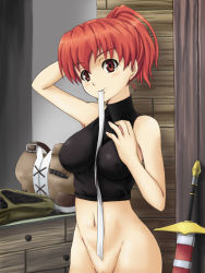 Rule 34 | 00s, 1girl, bottomless, breasts, cecily cambell, covered erect nipples, crop top, groin, impossible clothes, impossible shirt, mameshiba (pixiv 59310), mouth hold, navel, no panties, out-of-frame censoring, ponytail, red eyes, red hair, ribbon, seiken no blacksmith, shirt, solo, sword, turtleneck, uncensored, weapon