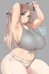 Rule 34 | 1girl, 2021, agawa ryou, armpit crease, armpit lips, belly, breasts, commentary, curvy, dated, english commentary, green eyes, grey background, hair ribbon, huge breasts, long hair, looking at viewer, midriff, navel, original, pants, parted lips, ribbon, simple background, solo, thick thighs, thighs