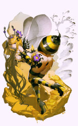 Rule 34 | 1girl, absurdres, antennae, arthropod girl, artist name, ass, bee girl, blonde hair, bow, breasts, commentary request, flower, from behind, full body, grey background, hair bow, hair flower, hair ornament, highres, honey, insect girl, insect wings, large breasts, long hair, looking at viewer, nike (nike1060), original, purple bow, red eyes, simple background, solo, stinger, striped clothes, striped thighhighs, thighhighs, very long hair, wings, yellow thighhighs