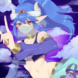 Rule 34 | 1girl, arabian clothes, armlet, blue hair, earrings, genie, harem outfit, horns, jewelry, long hair, looking at viewer, midriff, mouth veil, murata tefu, navel, pointy ears, ponytail, red eyes, smile, solo, teeth, veil