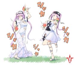 Rule 34 | 2girls, bad id, bad pixiv id, bare shoulders, black bow, bow, command spell, dancing, dress, euryale (fate), euryale (third ascension) (fate), fate (series), frills, frown, hairband, highres, holding, holding instrument, instrument, knees together feet apart, leg up, lolita hairband, long hair, looking at viewer, maracas, midriff, multiple girls, panties, purple eyes, purple hair, ribbon, sandals, see-through, shaded face, siblings, sisters, sketch, smile, stardust-kun, stheno (fate), stheno (third ascension) (fate), twins, twintails, underwear, very long hair, white background, white bow, white dress, white ribbon
